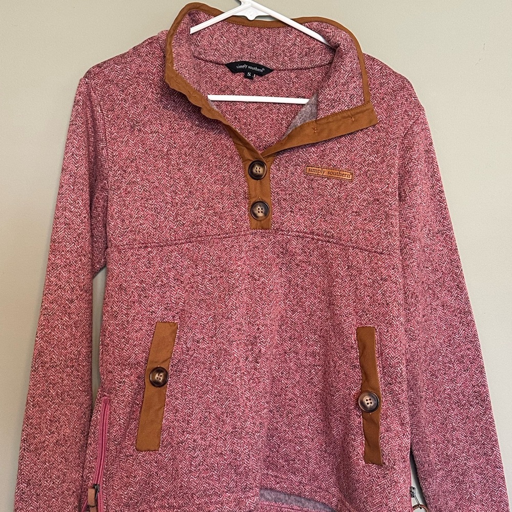 Simply Southern Rose Herringbone Knit Pullover with Tan Trim